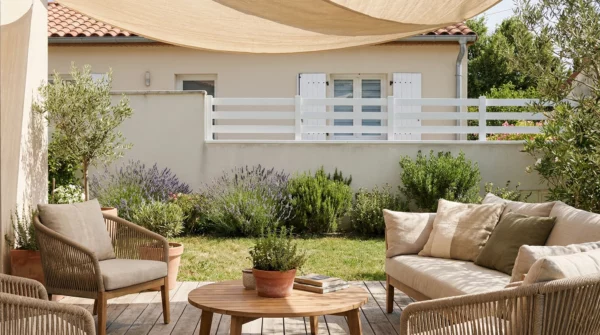 barrière blanche sur muret dans un jardin paysager avec terrasse ombragée