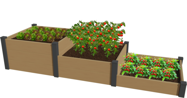 Carré potager composite beige modulable en escalier avec trois hauteurs différents