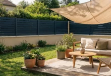 clôture en PVC gris anthracite à lames horizontales dans un jardin aménagé avec terrasse, salon d’extérieur et voile d’ombrage