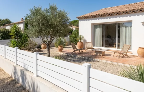 clôture ajourée blanche sur muret prés d'une terrasse ensoleillée