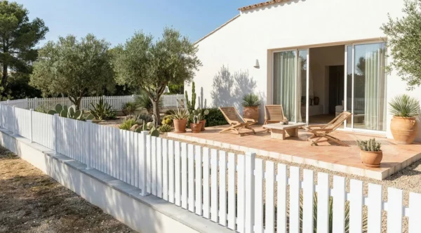 clôture à lames verticales ajourées autour d'une jardin dans le sud