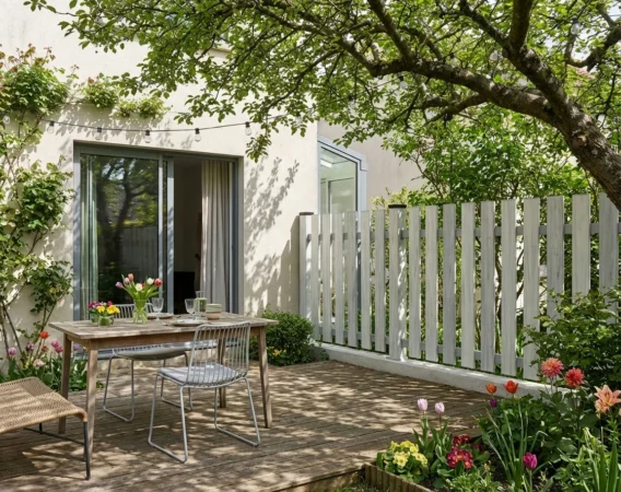 clôture à lames verticales grises posée prés d'un terrasse en bois