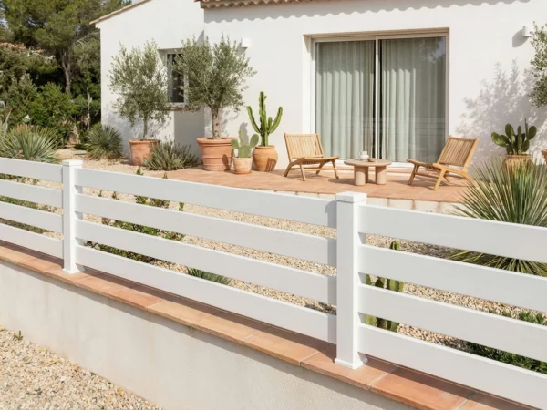 barrière ajourée posée sur une murette avec des couvertines en terre cuites dans un jardin à l'esprit méditerranéen