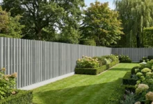 Clôture à lames verticales grise installée dans un jardin verdoyant