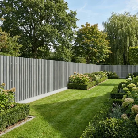 Clôture à lames verticales grise installée dans un jardin verdoyant