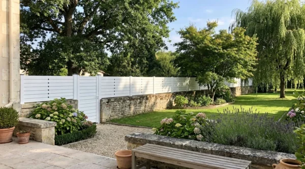 clôture brise vue posée sur un vieux muret en pierres dans le jardin d'un domaine champêtre