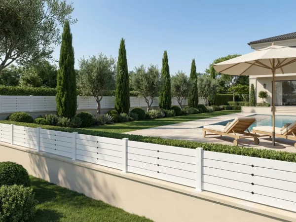 clôture occultante décorative blanche installée prés d'une maison moderne