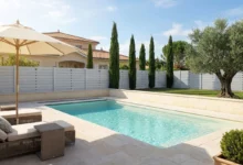 clôture à lames horizontales brise vue installée prés d'une piscine pour une villa haut de gamme