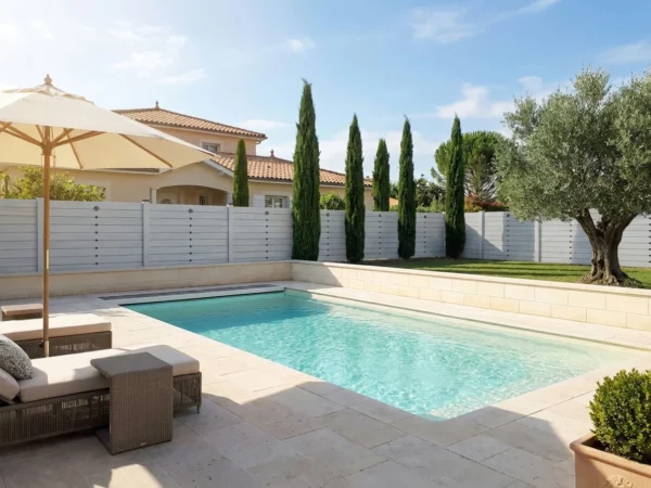 clôture à lames horizontales brise vue installée prés d'une piscine pour une villa haut de gamme