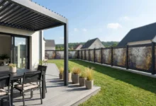 Clôture imprimée personnalisable autour d'une maison avec pergola bioclimatique
