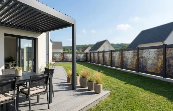 Clôture imprimée personnalisable autour d'une maison avec pergola bioclimatique