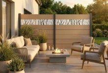 claustra beige imprimé posé sur une terrasse prés d'un brasero