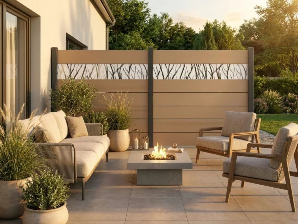 claustra beige imprimé posé sur une terrasse prés d'un brasero