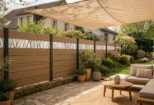 séparatif entre voisins en composite bois avec une voile d'ombrage