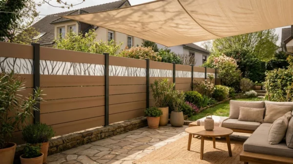 séparatif entre voisins en composite bois avec une voile d'ombrage
