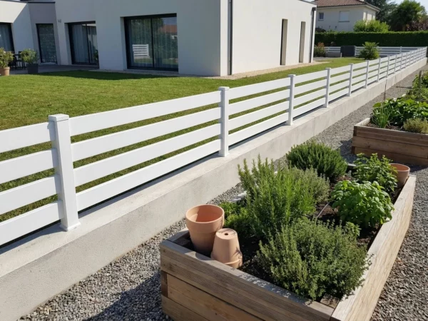clôture ajourée blanche entourant une maison neuve prés d'un potager