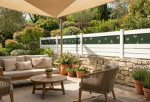clôture blanche avec des décors papillons posée prés d'une terrasse