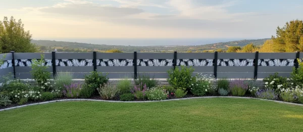 clôture composite grise posée sur un petit muret dans le jardin d'une maison avec vue