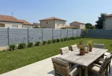 clôture PVC de couleur gris clair dans un jardin de lotissement paysagé