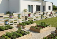 clôture décorative multicolore agrémentée de pots de fleurs colorés