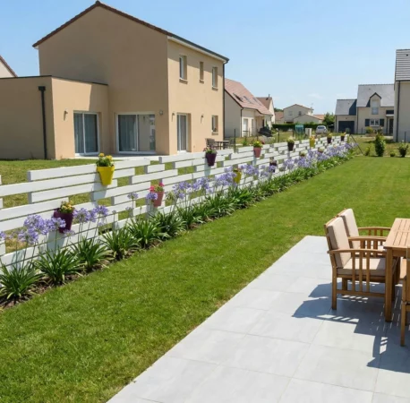 clôture en pvc blanc avec des pots de fleurs intégrés à la clôture dans un jardin