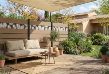 Clôture en composite sable avec liserés gris foncé installée prés d'une terrasse