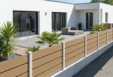 Clôture composite sable posée sur un muret avec couvertine autour d'une maison neuve
