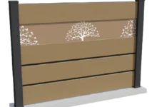 cloture-composite-brise-vue-beige-impression-arbre-insert-barcelos