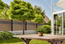 cloture-composite-brise-vue-beige-impression-hexagone-corvo