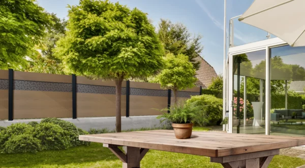 cloture-composite-brise-vue-beige-impression-hexagone-corvo