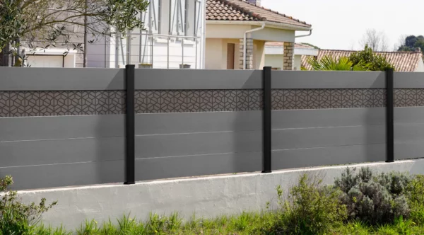 cloture-composite-brise-vue-gris-impression-hexagone-corvo