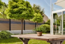 cloture-composite-brise-vue-gris-impression-oiseau-sur-muret-corvo