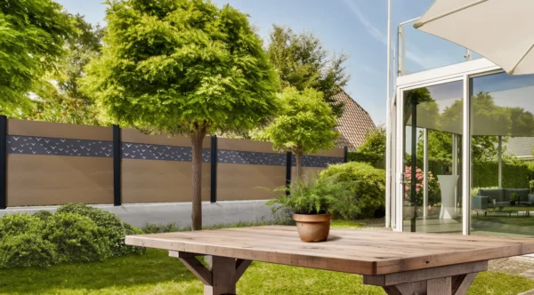 cloture-composite-brise-vue-gris-impression-oiseau-sur-muret-corvo