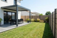 Clôture brise vue en composite autour d'une maison avec pergola