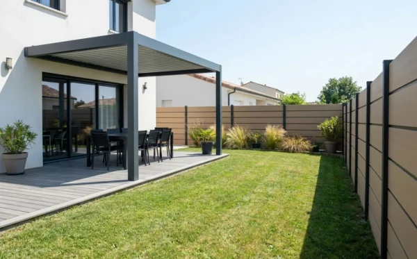 Clôture brise vue en composite autour d'une maison avec pergola