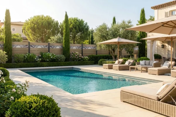 clôture composite beige ajourée avec une impression personnalisée soleil dans le jardin d'une propriété haut de gamme