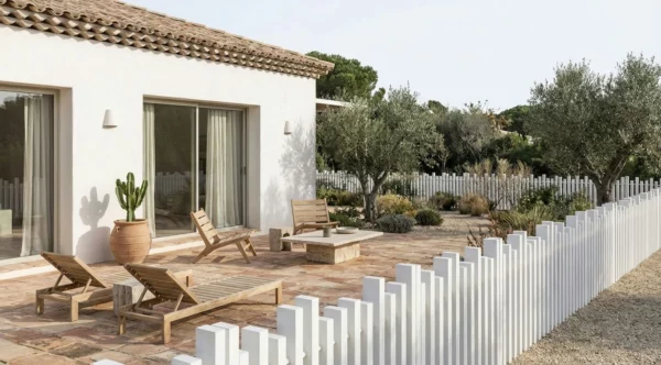 clôture très ajourée à lames verticales prés d'une terrasse de style balinais