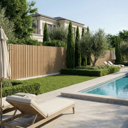 clôture haut de gamme à lames verticales effet bois installée autour d'une piscine