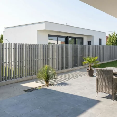 Clôture droite à lames verticales installée sur un soubassement en béton autour d'une villa contemporaine