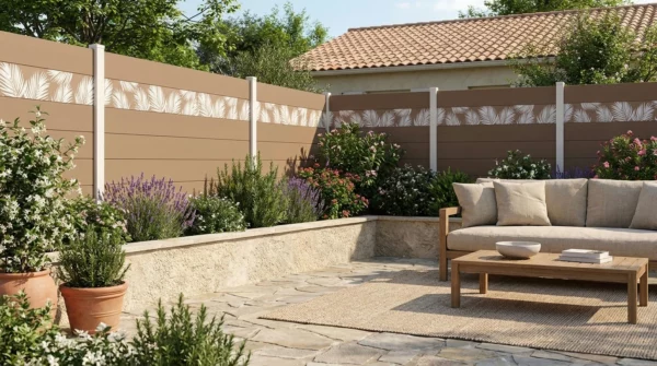 Clôture composite couleur sable avec un panneau décoratif personnalisé