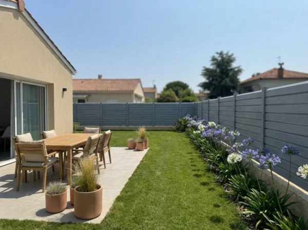 clôture grise dans le jardin d'une maison de lotissement