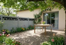 clôture de teinte grise claire installée dans un jardin fleuri prés d'un terrasse en bois