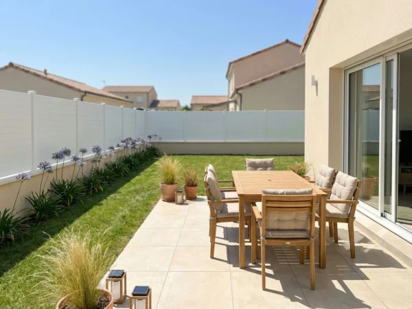 clôture en pvc blanche totalement occultante pour une séparation entre voisins