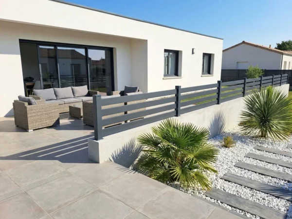 Clôture en PVC plaxé gris anthracite sur muret d'une terrasse moderne