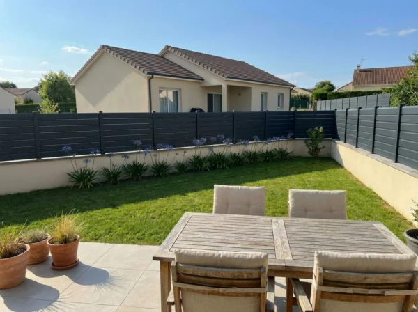 clôture ajourée grise foncée, fixée sur un muret enduit, délimitant une maison récente.