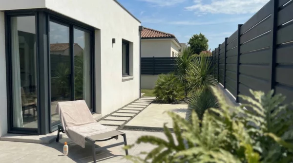 clôture moderne gris anthracite installée le long d’une maison contemporaine avec terrasse
