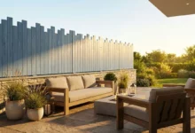 clôture brise vue posée sur une murette en pierres prés d'un salon de jardin