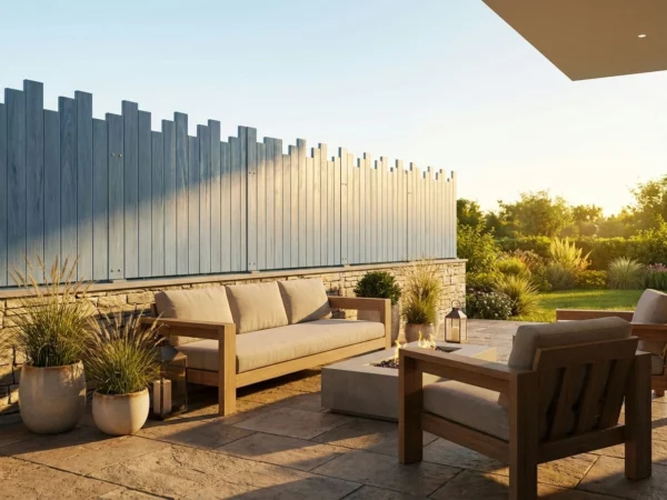clôture brise vue posée sur une murette en pierres prés d'un salon de jardin