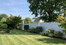 clôture grise claire installée dans un jardin verdoyant