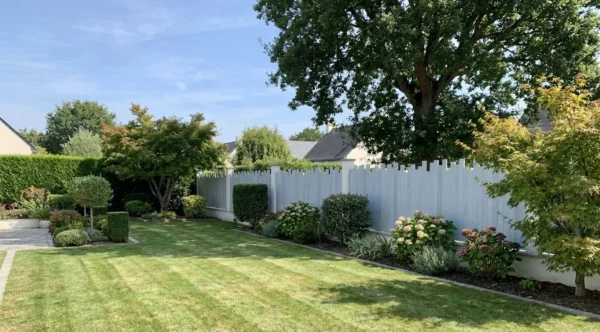 clôture grise claire installée dans un jardin verdoyant